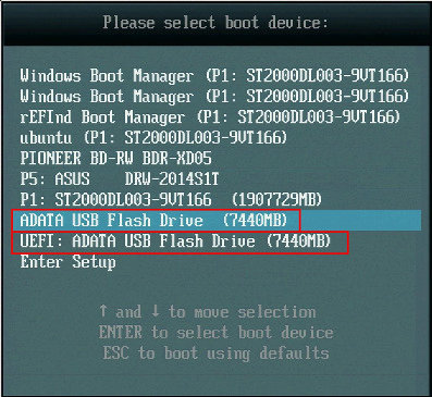 To
    boot an external disk in EFI mode, select the option for that disk that
    includes the string 'UEFI'; to boot in BIOS mode, select the option
    that lacks this string.