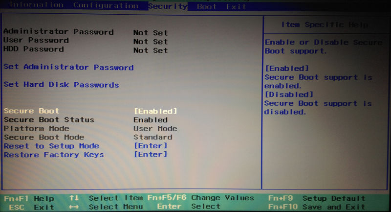 Lenovo's UEFI user interface is a simple text-mode affair.