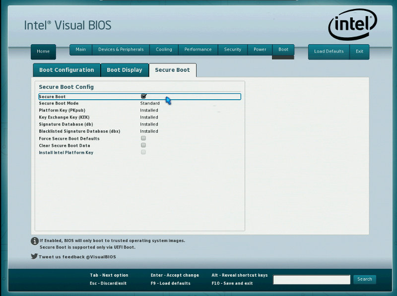 The NUC provides a check box to enable or disable Secure Boot.